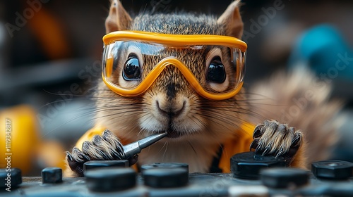 A squirrel wearing safety goggles holding a tool while inspecting a car battery