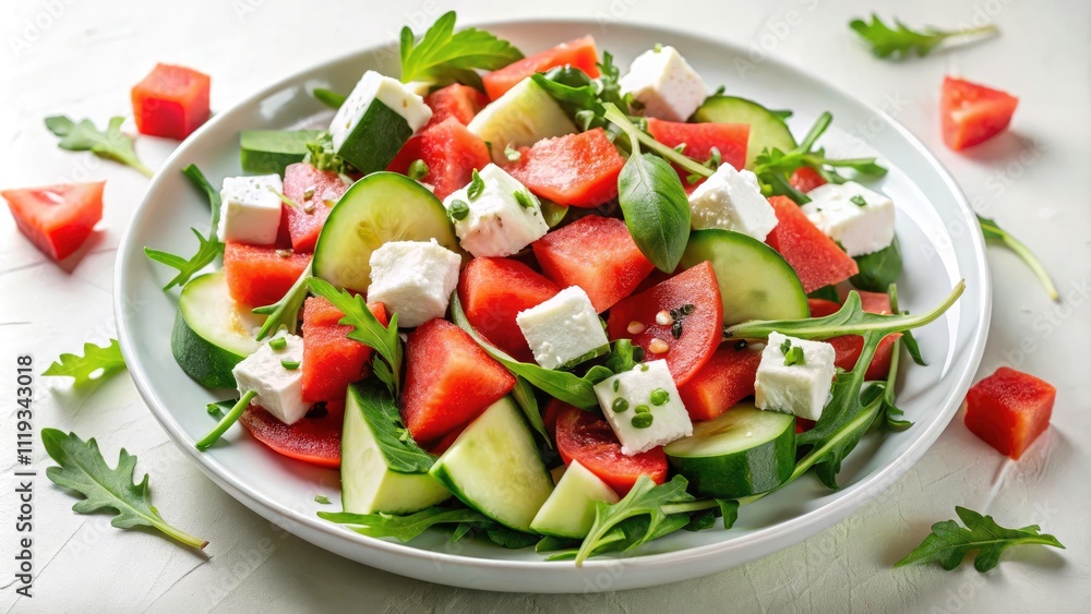 Refreshing Watermelon Feta Salad with Cucumber and Arugula - Delicious Summer Dish Top View Photography for Healthy Eating, Fresh Ingredients, and Vibrant Colors Refreshing Watermelon Feta Salad with Cucumber and Arugula - Delicious Summer Dish Top View Photography for Healthy Eating, Fresh Ingredients, and Vibrant Colors