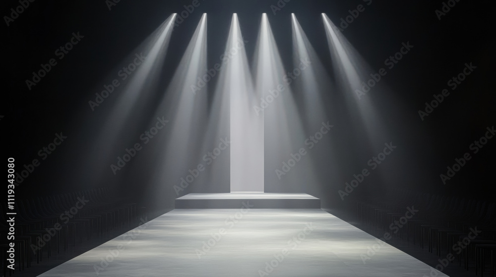 Modern Runway Illuminated by Spotlight at a Fashion Event Showcasing Bold Design and Creativity in an Atmospheric Setting Modern Runway Illuminated by Spotlight at a Fashion Event Showcasing Bold Design and Creativity in an Atmospheric Setting