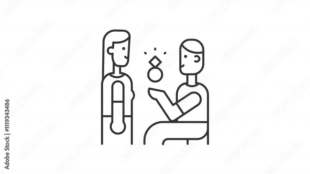 Making proposal line animation. Wedding engagement animated icon. Moving hand, shining ring. Shaking head. Black illustration on white background. HD video with alpha channel. Motion graphic Making proposal line animation. Wedding engagement animated icon. Moving hand, shining ring. Shaking head. Black illustration on white background. HD video with alpha channel. Motion graphic