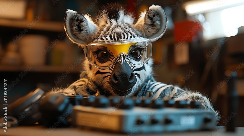 A zebra in safety goggles analyzing a car battery in a safari-themed garage A zebra in safety goggles analyzing a car battery in a safari-themed garage