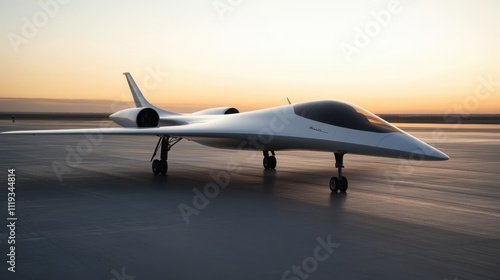 A sleek, futuristic airplane glides silently over the tarmac against a brilliant, golden sunset, embodying graceful innovation and advanced aviation. photo