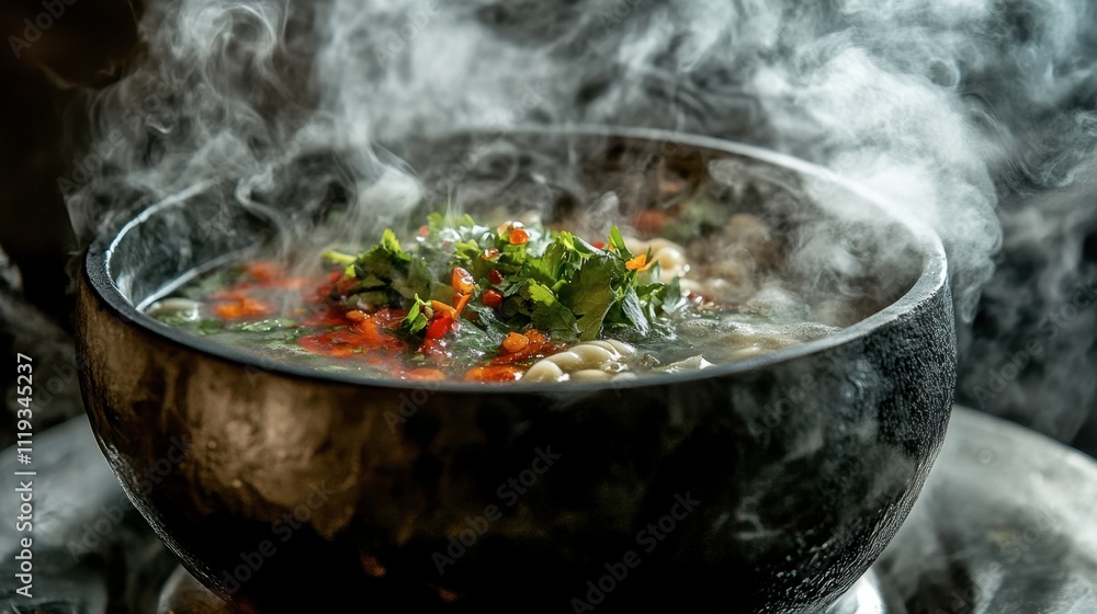 Aromatic Hot Soup with Fresh Herbs and Spices in Black Bowl Aromatic Hot Soup with Fresh Herbs and Spices in Black Bowl