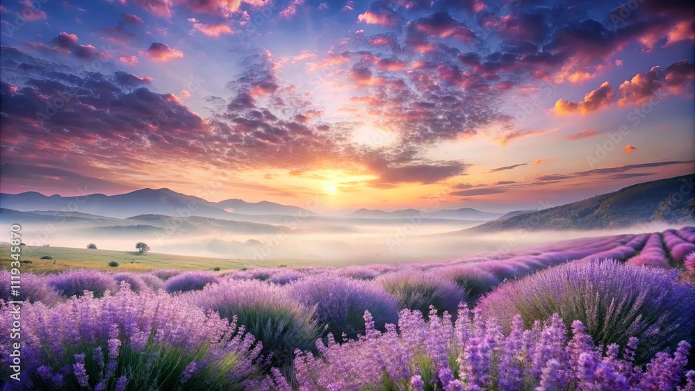 Fototapeta premium Serene Sunrise Over Misty Lavender Fields and Rolling Hills