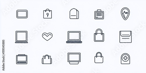 Collection of minimal line icons laptop, tablet, bag, heart, location, briefcase, envelope, and plus.