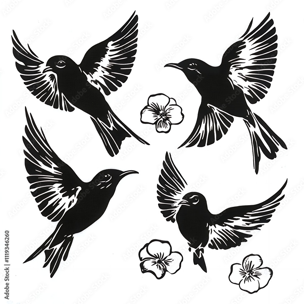 Fototapeta premium Silhouette of four birds in flight, surrounded by flowers.