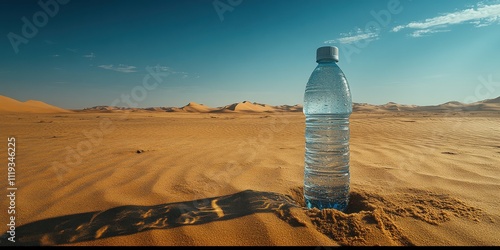 The water bottle is partially buried in the sand of a vast desert, with rolling dunes stretching out under a cloudless sky. photo