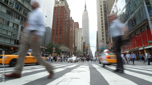 Blurred figures swiftly cross a busy city intersection, framed by looming skyscrapers.