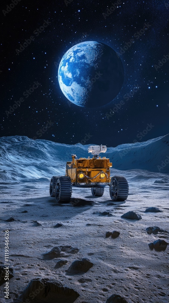 Futuristic Lunar Rover Exploring the Moon's Surface Under a Starry Night Sky with Earth in the Background Futuristic Lunar Rover Exploring the Moon's Surface Under a Starry Night Sky with Earth in the Background