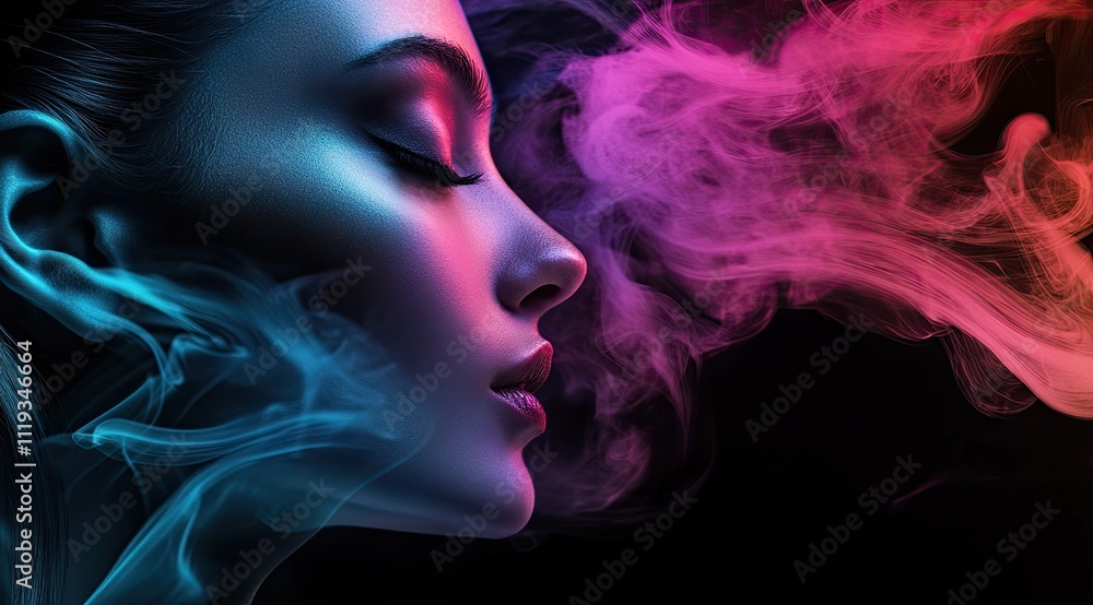 A surreal digital art piece featuring an elegant woman with eyes closed, surrounded by vibrant colors and swirling smoke A surreal digital art piece featuring an elegant woman with eyes closed, surrounded by vibrant colors and swirling smoke