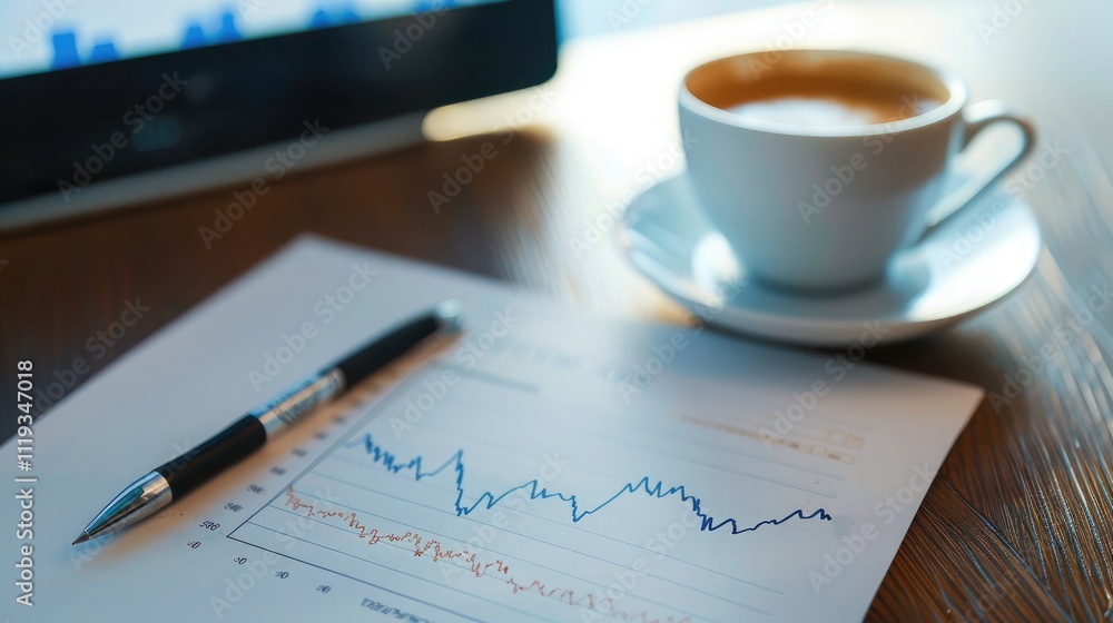 A close-up of a growth chart on a desktop monitor with a coffee cup and a pen nearby in a modern workspace A close-up of a growth chart on a desktop monitor with a coffee cup and a pen nearby in a modern workspace