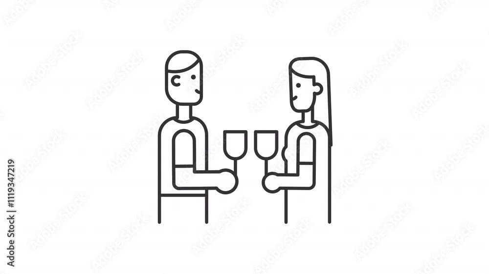 Celebration couple line animation. Romantic date animated icon. Moving hands. Shaking drink glasses, heads. Black illustration on white background. HD video with alpha channel. Motion graphic Celebration couple line animation. Romantic date animated icon. Moving hands. Shaking drink glasses, heads. Black illustration on white background. HD video with alpha channel. Motion graphic