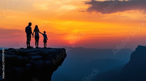 A Family Silhouette at Sunset: A Breathtaking View from a Mountaintop Overlooking a Serene Valley, Embracing the Golden Hour's Warmth and Tranquility