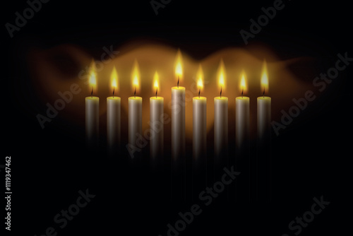 Hanukkah menorah, or hanukkiah for Jewish holiday Hanukkah. Hanukkah lamp, nine-branched candelabrum. Wave lights effects. EPS10 vector.