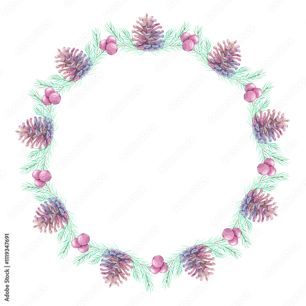 Wreath of spruce branches and cones with red berries hand painted with watercolors Wreath of spruce branches and cones with red berries hand painted with watercolors