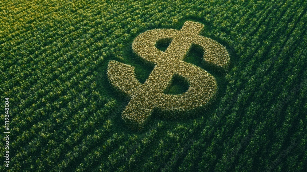 Green Field with Dollar Sign Shaped Crop in Agricultural Landscape Green Field with Dollar Sign Shaped Crop in Agricultural Landscape
