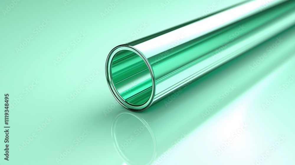 Transparent Glass Tube on Soft Green Background with Reflection Transparent Glass Tube on Soft Green Background with Reflection