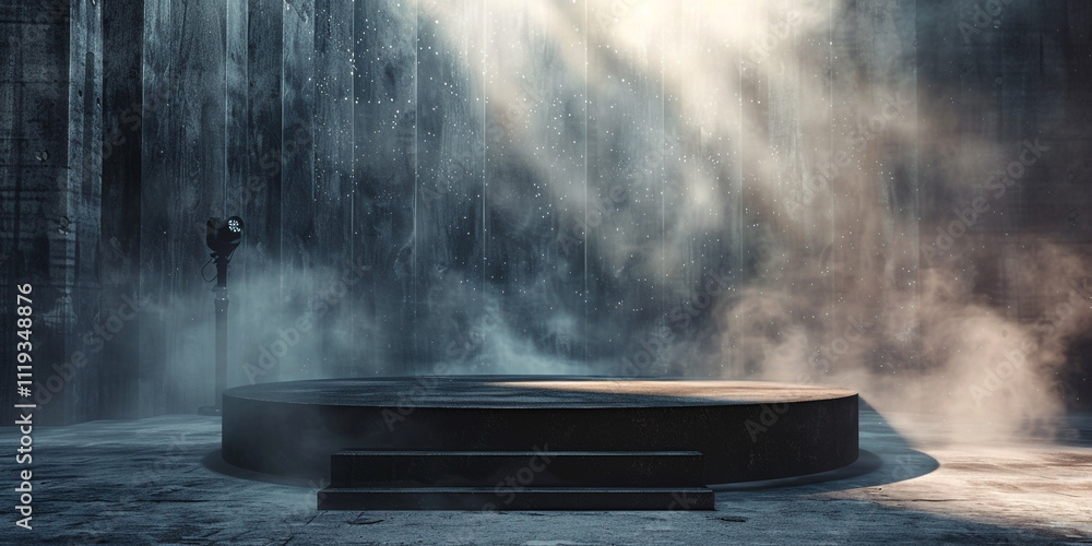 Dramatic empty room with a black podium and foggy atmosphere. Textured stage with a spotlight and concrete wall backdrop. Smoky dust particles in the air. Dramatic empty room with a black podium and foggy atmosphere. Textured stage with a spotlight and concrete wall backdrop. Smoky dust particles in the air.