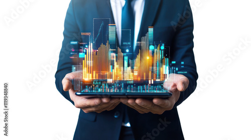 Businessman Holding Tablet with Financial Data:  A businessman in a suit holds a tablet with a holographic display of financial data, showcasing the power of technology in the modern business world.