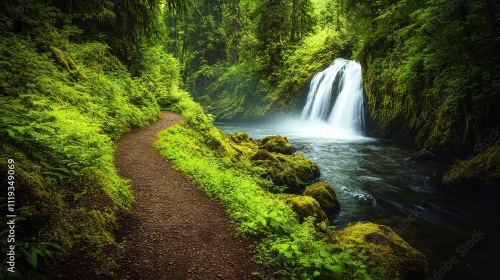 A peaceful forest trail leading to a secluded waterfall, surrounded by vibrant greenery and moss-covered rocks, with the sound of rushing water filling the air. A peaceful forest trail leading to a secluded waterfall, surrounded by vibrant greenery and moss-covered rocks, with the sound of rushing water filling the air.