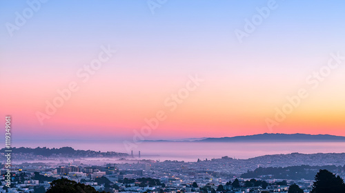 A serene sunset casts a warm glow over a city skyline, blending soft pinks and oranges into a misty horizon.