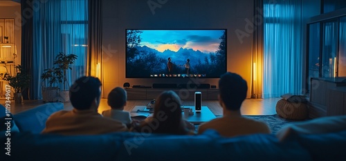 Family enjoying movie night on large screen TV in dimly lit living room.