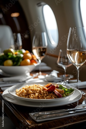 A meal looks luxurious on a private jet dining table, giving a sense of luxury and exclusivity, perfect for promoting a premium lifestyle or advertising a private jet charter service.