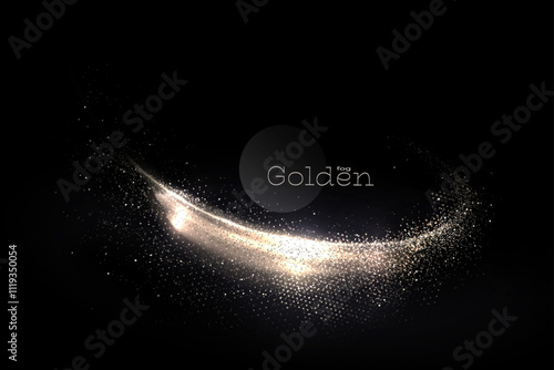 Isolated shiny gold ribbon with tinsel on black background, design element.