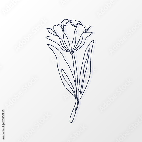 One Continuous Line of a Simple Tulip Flower with Leaves. Hand drawn spring herbs and plants. Abstract floral sketch in one continuous line drawing. Perfect as a logo, tattoo, greeting cards, website