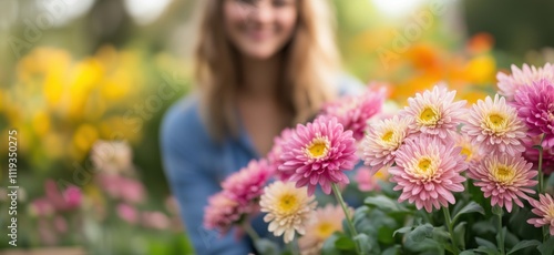 Woman smiling among vibrant flowers, colorful garden background, soft focus on pink and yellow blooms, joyful atmosphere, copy space for text