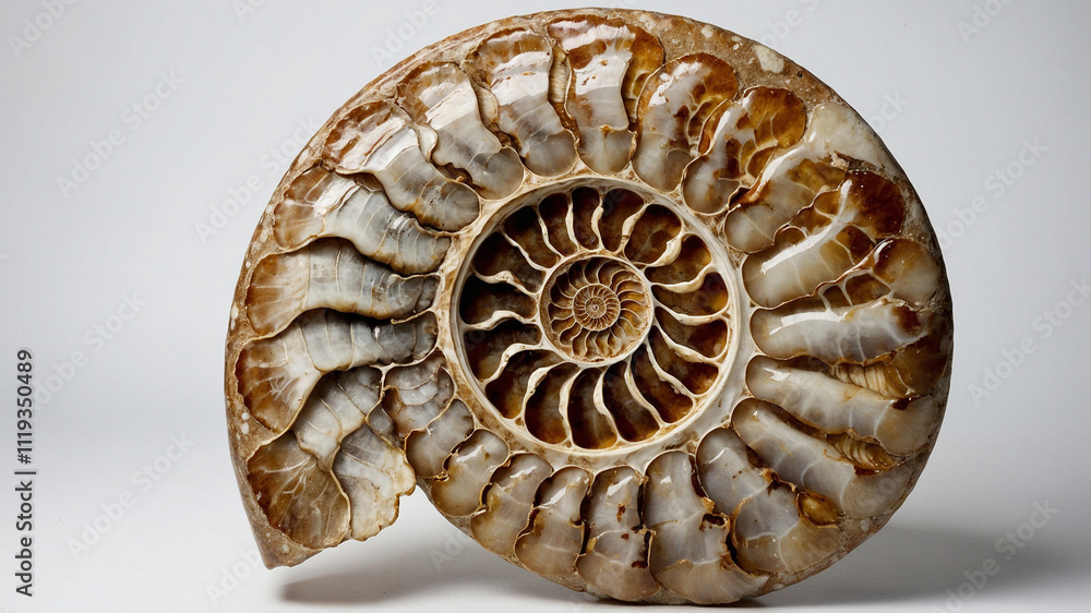 Obraz premium Golden Ammonite Fossil Isolated with Copy Space for Creative Projects