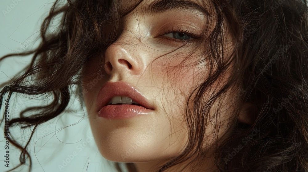 A stunning woman with flowing, curly hair displays her radiant beauty in a well-lit studio. Her expressive gaze and soft features highlight the elegance of her hair care routine