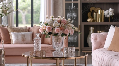 Elegant Living Room with Floral Arrangement and Chic Decor