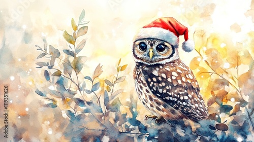 A Festive Watercolor Painting of an Adorable Spotted Owl Wearing a Santa Hat, Nestled Amongst Delicate Winter Branches and a Soft, Dreamy Background. photo