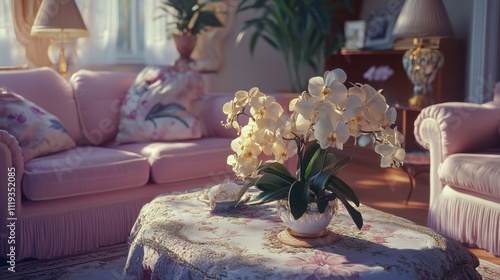 Elegant Living Room with Soft Colors and Orchid Flower Centerpiece