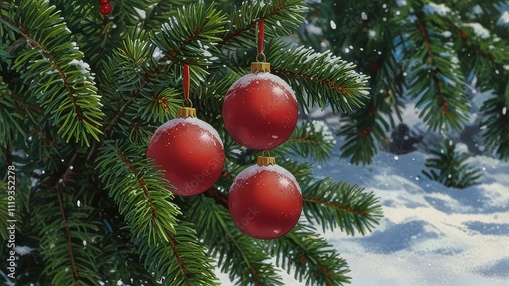 Christmas and new year holidays concept. Red balls on fir branches, winter snowy backdrop. festive winter season background. template for design. banner, copy space Christmas and new year holidays concept. Red balls on fir branches, winter snowy backdrop. festive winter season background. template for design. banner, copy space