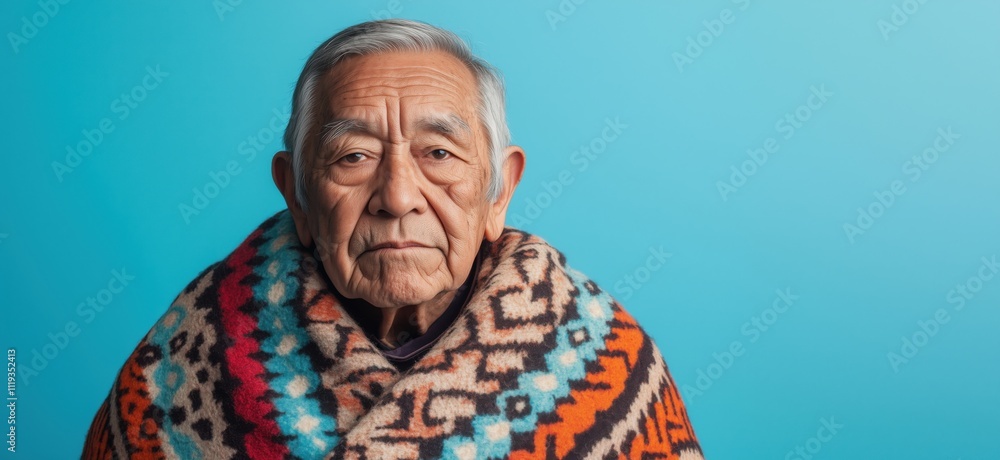 Elderly man wrapped in colorful blanket, serious expression, blue background, cultural heritage, wisdom, dignity, copy space for text Elderly man wrapped in colorful blanket, serious expression, blue background, cultural heritage, wisdom, dignity, copy space for text
