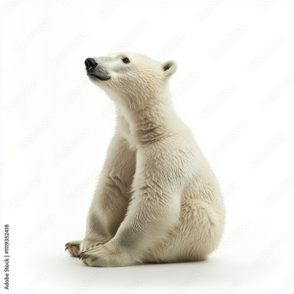 Fototapeta premium Cute Polar Bear Sitting Against a White Background with Curiosity