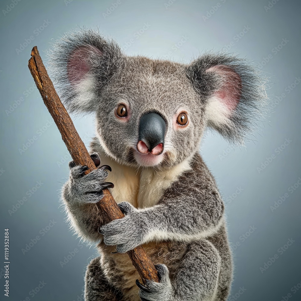 Naklejka premium Cute Koala Holding a Stick in a Studio Setting with Soft Lighting