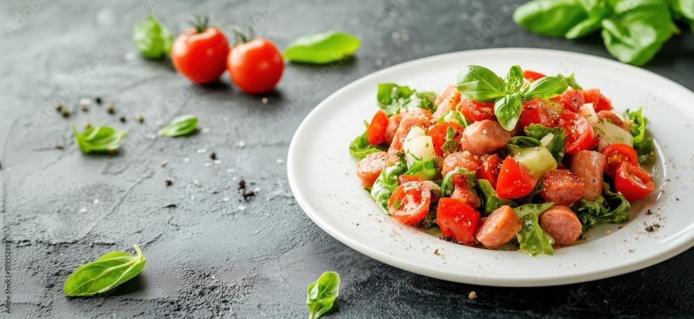 Fresh salad with tomatoes, sausages, and basil, vibrant colors, healthy ingredients, served on white plate, garnished with basil leaves, copy space for text Fresh salad with tomatoes, sausages, and basil, vibrant colors, healthy ingredients, served on white plate, garnished with basil leaves, copy space for text