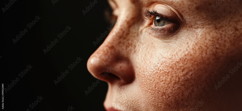 Close-up portrait of woman with freckles and blue eyes, showcasing skin texture and details, copy space for text Close-up portrait of woman with freckles and blue eyes, showcasing skin texture and details, copy space for text