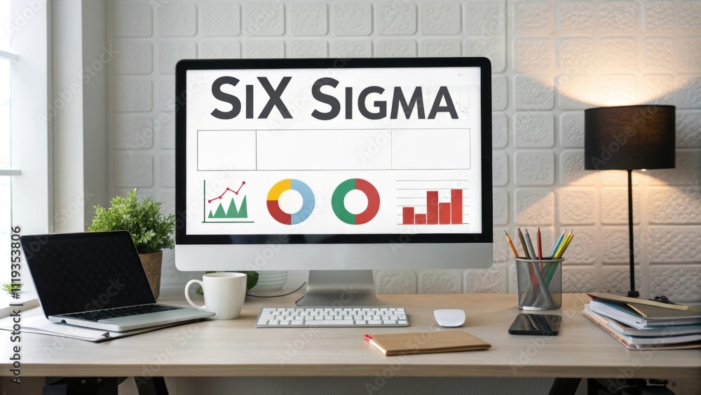 Six Sigma and DMAIC concept. Office desk with Six Sigma presentation on monitor. Six Sigma and DMAIC concept. Office desk with Six Sigma presentation on monitor.