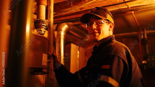 Working diligently in a dimly lit basement, this skilled professional embodies the essence of hard work and dedication to his craft.  His focused expression and the warm glow of the surroundi photo