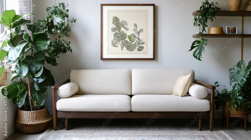 Fototapeta premium Cozy Modern Living Room with Beige Sofa and Green Plants