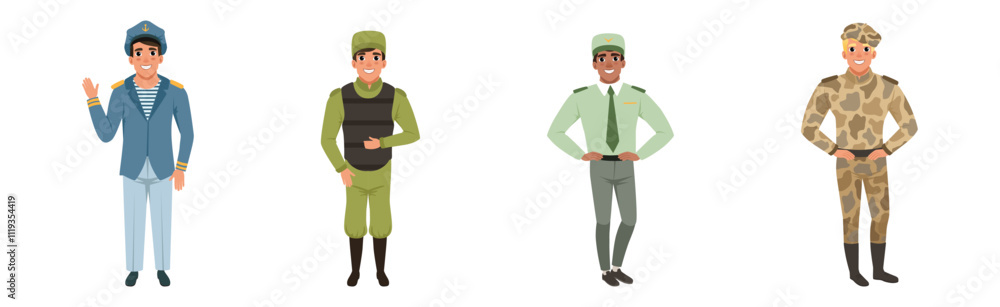 Naklejka premium Man Military Uniform and Army Officer Vector Set