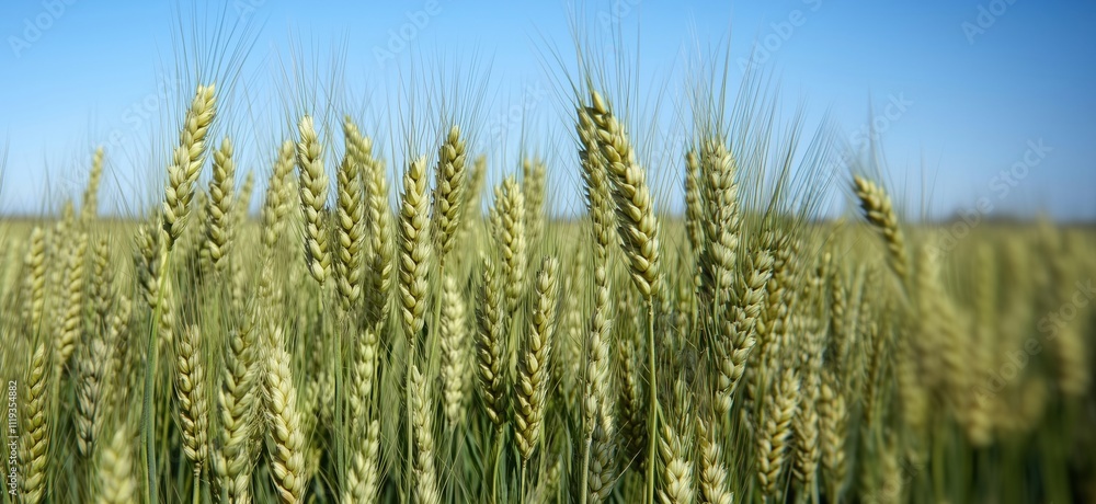 Wheat field with golden spikes under clear blue sky, showcasing healthy crops ready for harvest, vibrant green stalks, and bright sunlight, copy space for text Wheat field with golden spikes under clear blue sky, showcasing healthy crops ready for harvest, vibrant green stalks, and bright sunlight, copy space for text