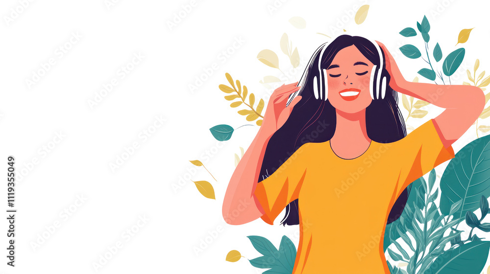 Woman in headphones, enjoying music surrounded by foliage Woman in headphones, enjoying music surrounded by foliage