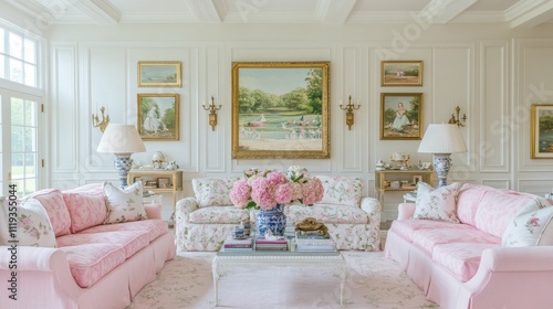 Elegant Living Room with Pink Sofas and Floral Decor Accents