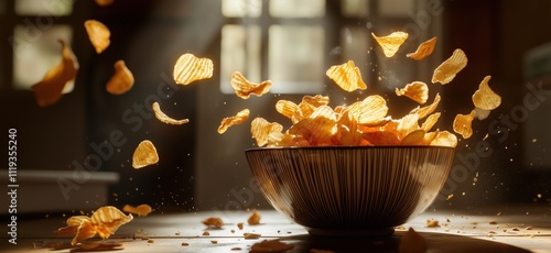 Potato chips flying from bowl, golden crispy texture, warm lighting, dynamic motion, snack time, cozy atmosphere, copy space for text photo