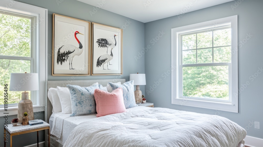 Fototapeta premium Modern Bedroom Interior with Elegant Cranes Art and Soft Colors